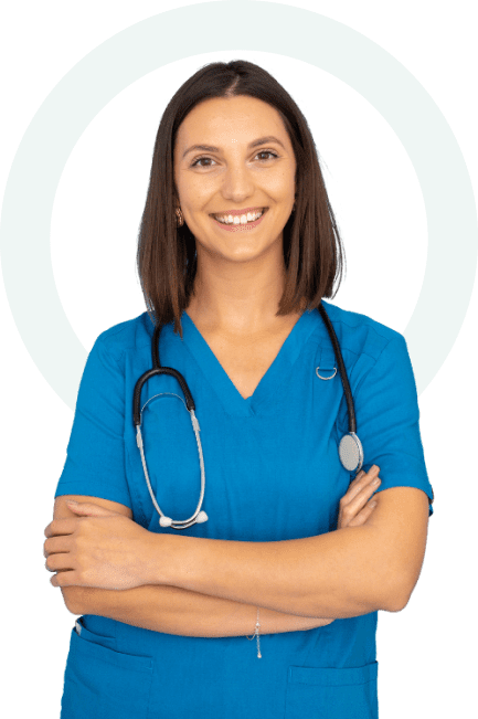 Smiling nurse with stethoscope, crossed arms.
